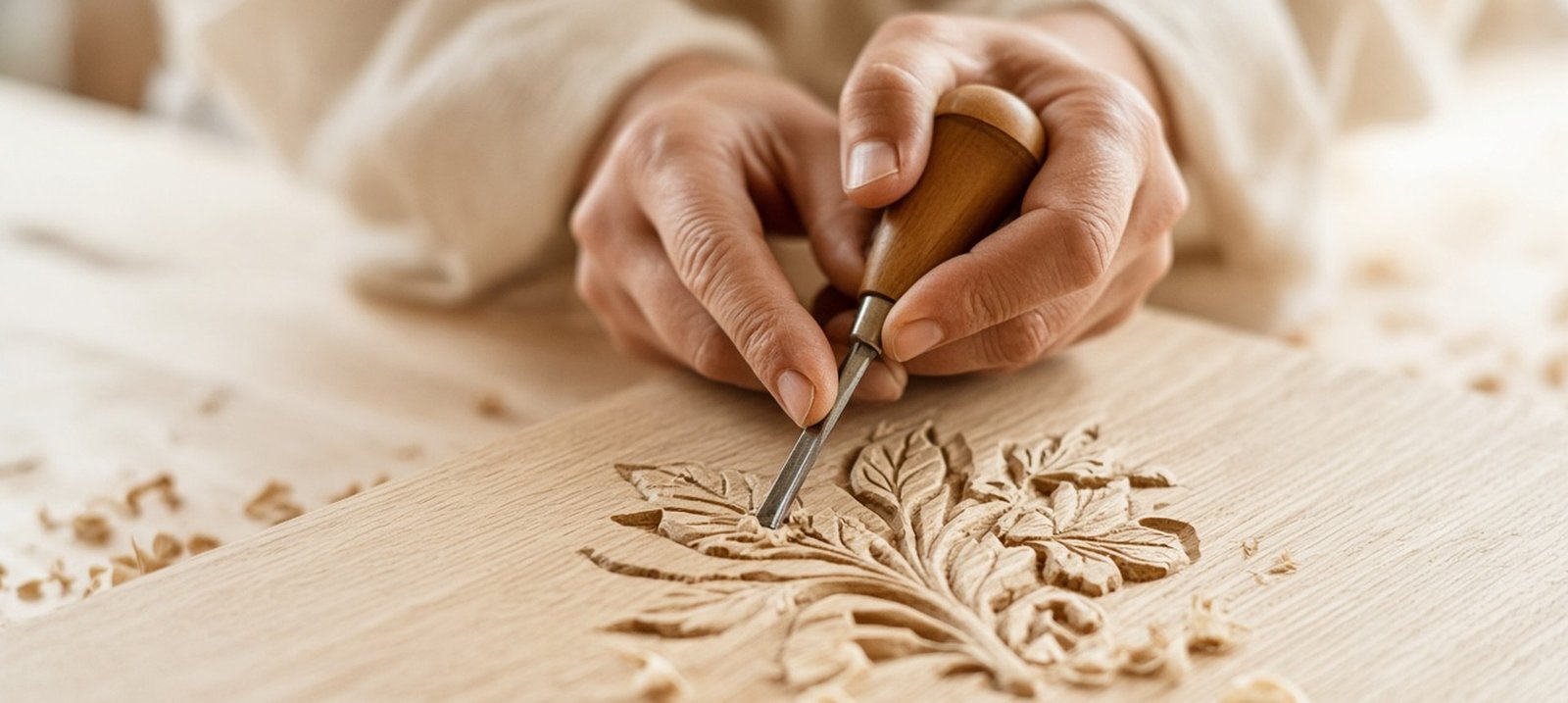 Hands carving a floral relief in light wood