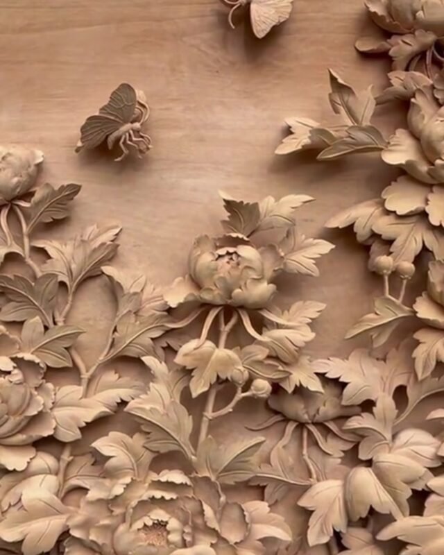 Wood-Carved Peony Panel