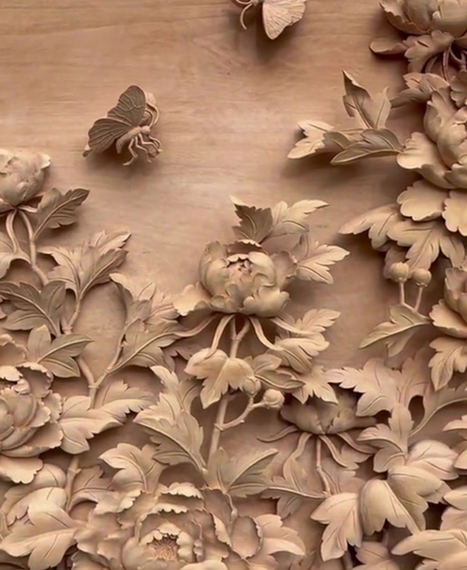 Wood-Carved Peony Panel